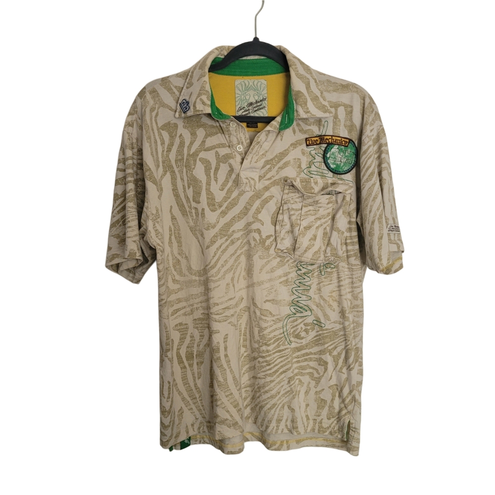 Live Mechanics Relaxed Polo Shirt Tan and Green with Short Sleeves Size Medium